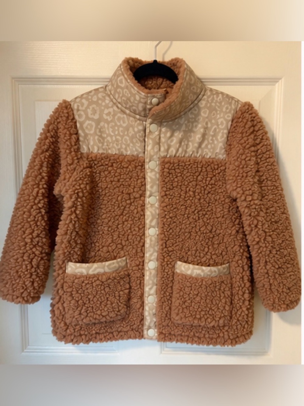 Plush Camel Sherpa Puffer Jacket with Printed Trim for Kids